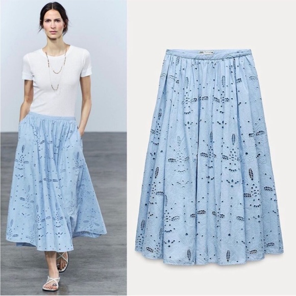 Zara Collection Blue Maxi A-Line Pleated Skirt embroidered midi sky light blue - Picture 1 of 8